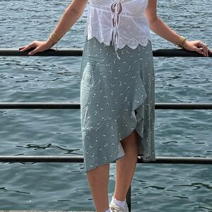 White and Green Midi Wrap Skirt with Tie Front